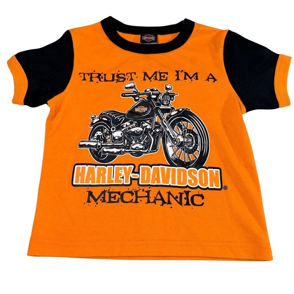 Harley-Davidson Toddler Boys Orange Black Mechanic Graphic T-Shirt Size 3T